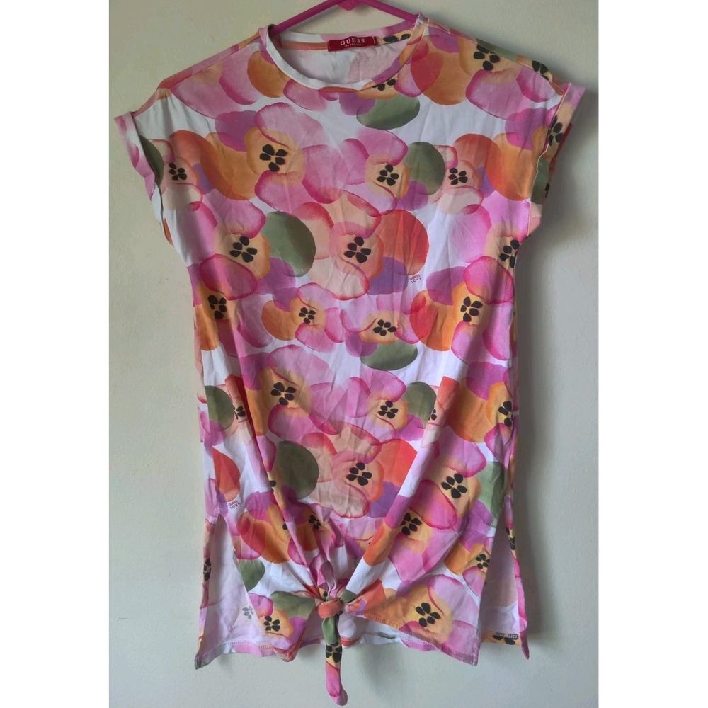 Guess Women's Short Sleeve Floral Pink/Orange Tie Front Round Neck Size Large - Picture 1 of 6
